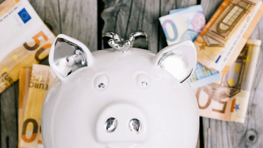 Close Up White Piggybank S Face With Euro Banknotes